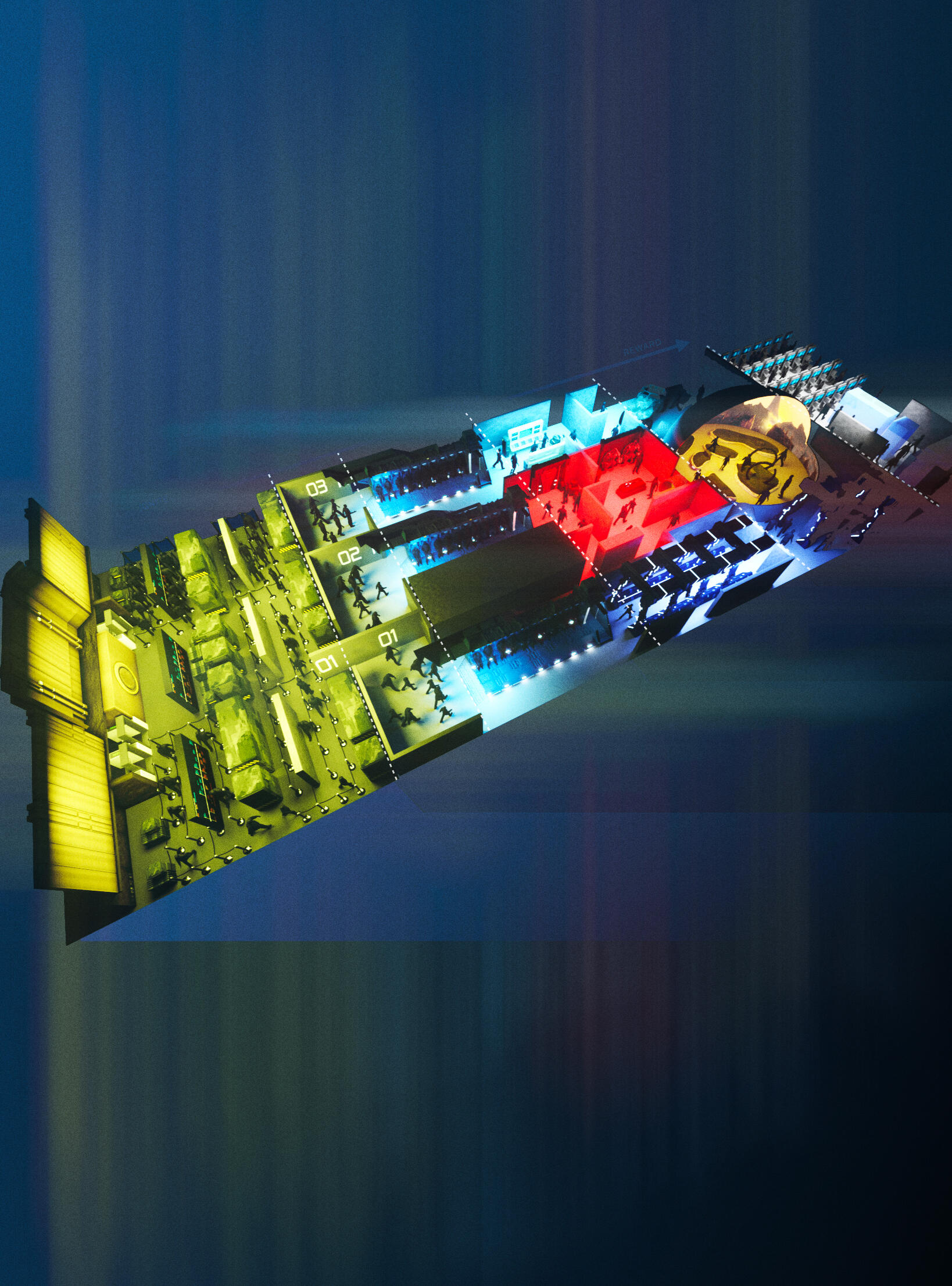 An overhead image showing a colorful and dynamic floor plan of an immersive entertainment experience.