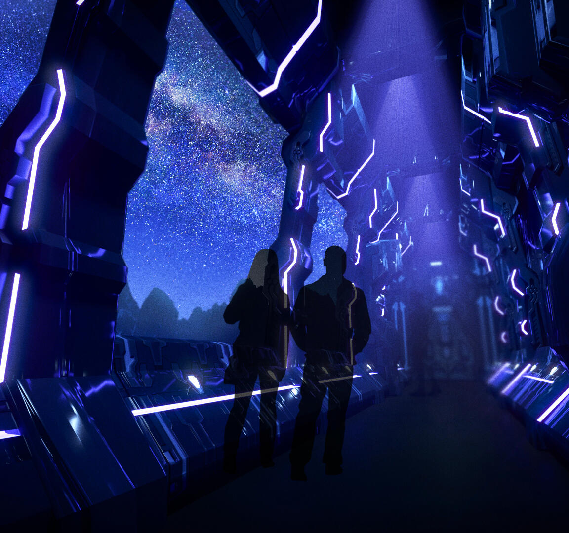 Realistic rendering of an immersive experience showing two people's silhouettes walking down a mysterious, alien corridor.